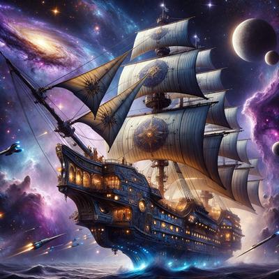 The primary subject of the image is a large, old-fashioned sailing ship with multiple sails. The ship is floating on a body of water, and it appears to be a digital art or illustration. The colors in the image are predominantly blue and purple, creating a serene and majestic atmosphere. The background features a night sky with stars, adding to the overall beauty and grandeur of the scene.